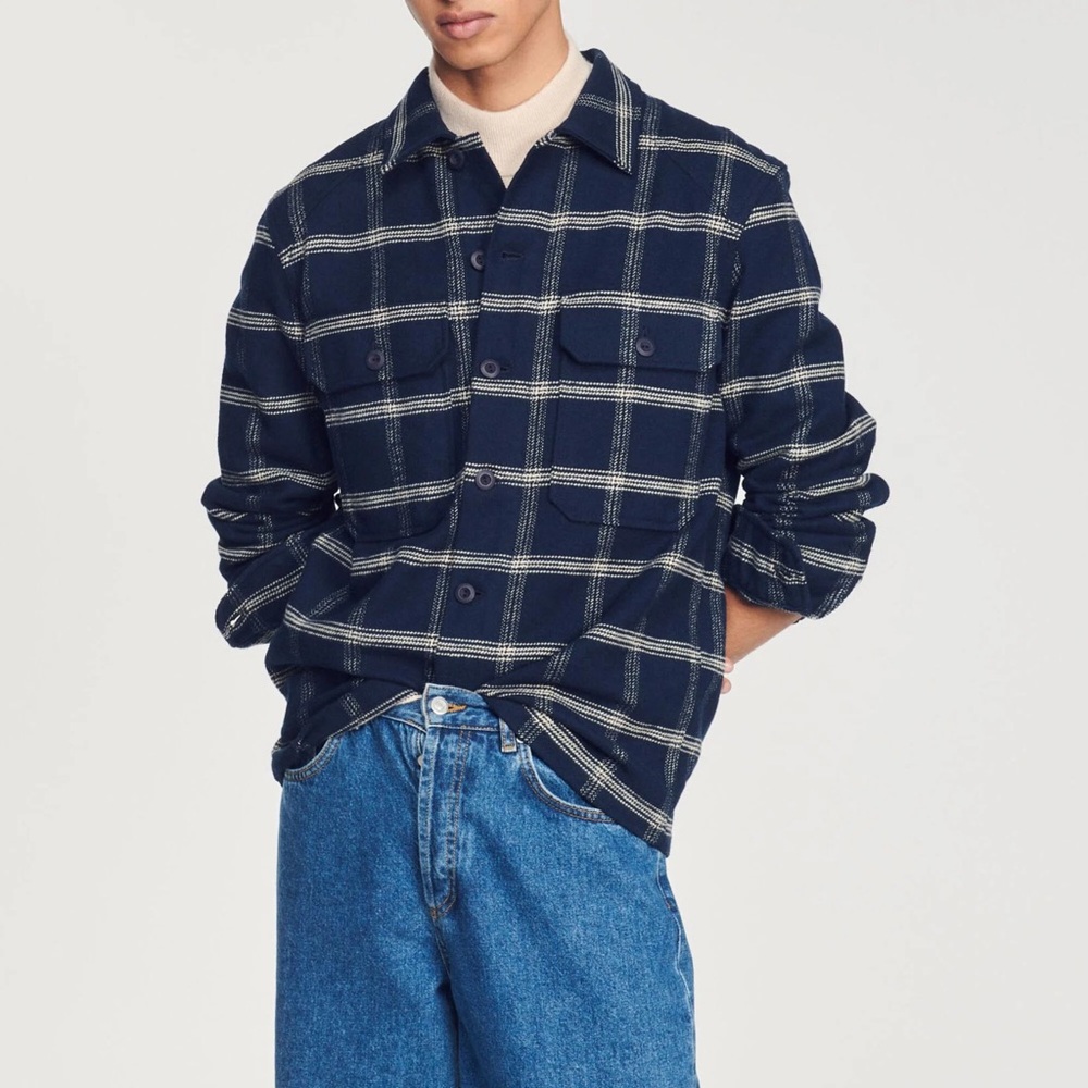 MENS SANDRO BLUE CHECK LONGSLEEVE BUTTON UP OVERSHIRT (S)